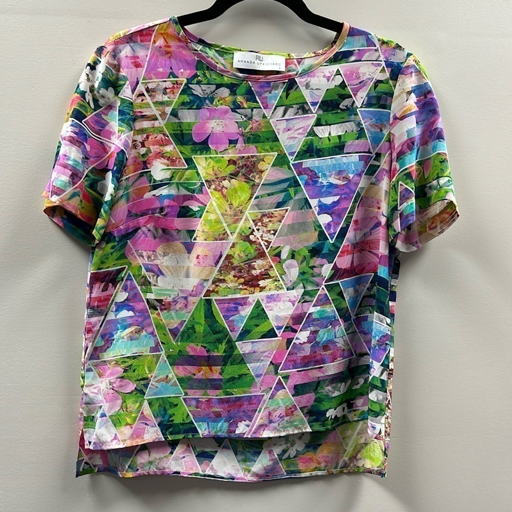 Amanda Uprichard Multicolor Printed Graphic Short Sleeve Silk Top Size Small